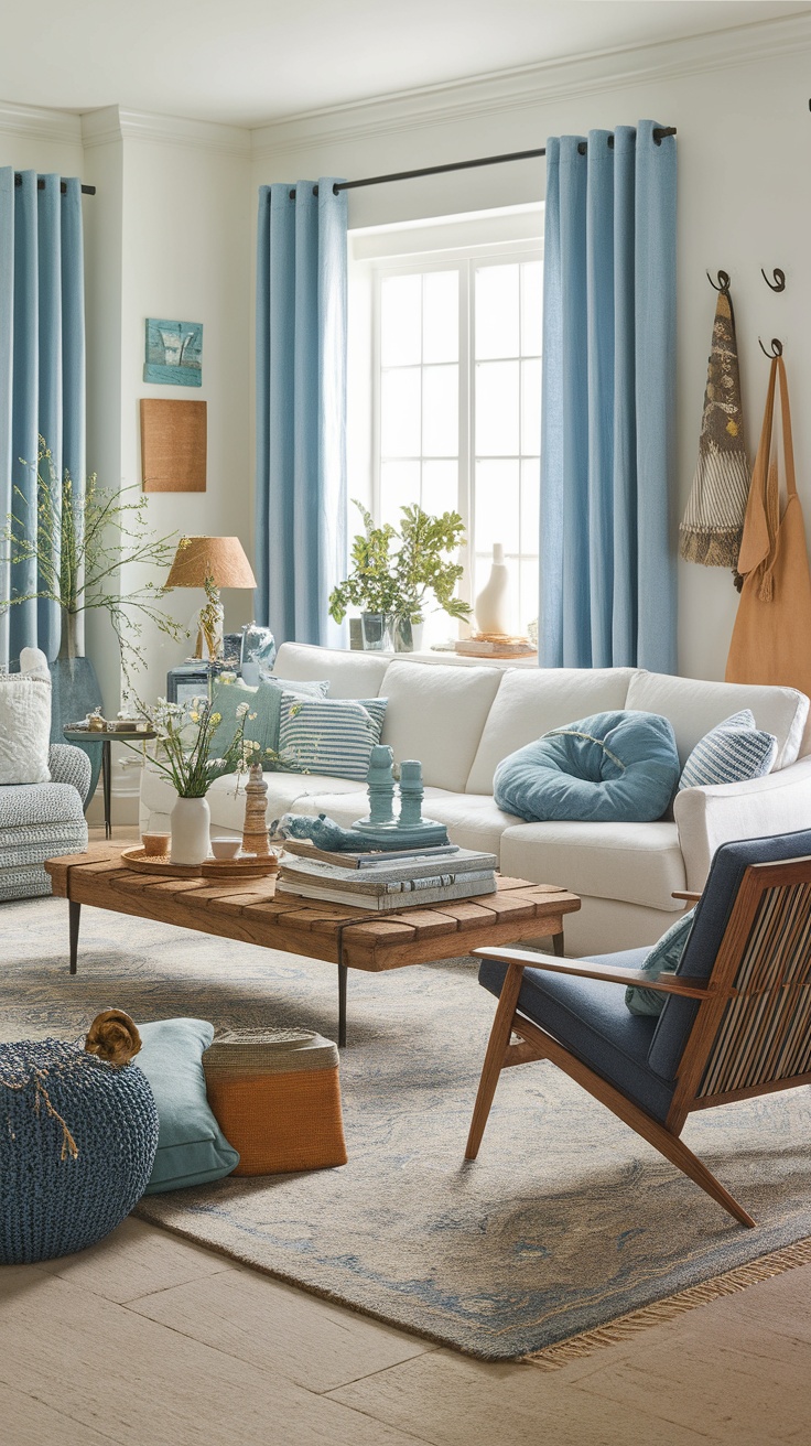 A light and airy living room with blue curtains, white sofa, and wooden coffee table, showcasing a coastal decor style.