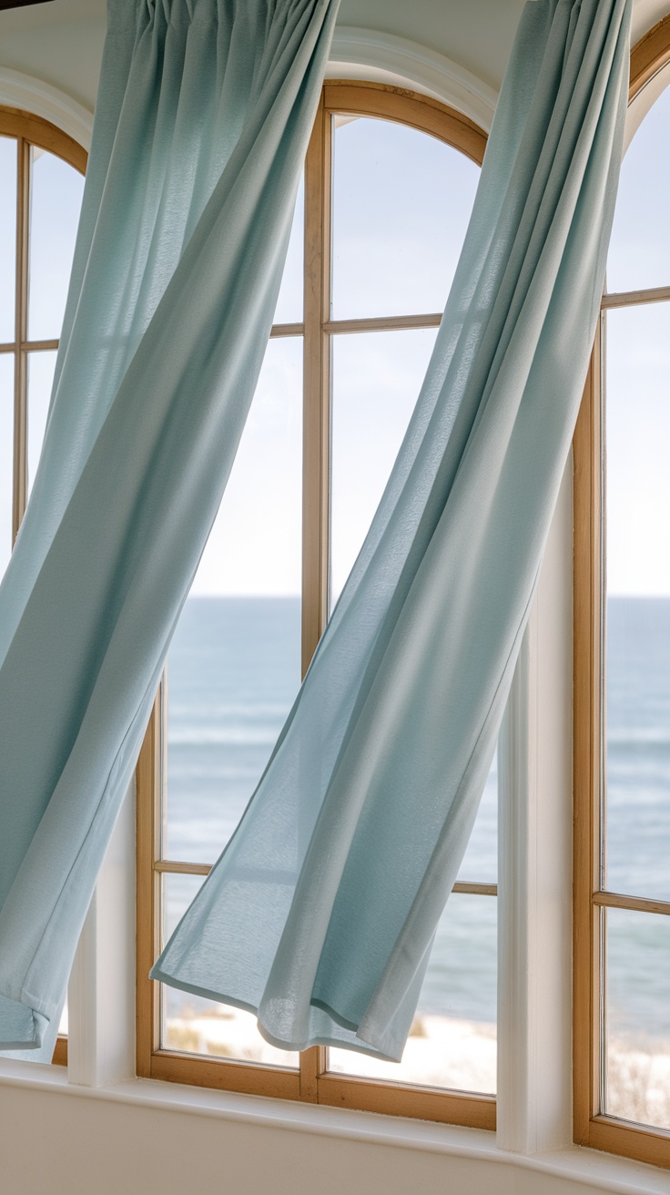 Light blue curtains blowing in the breeze near a window with a view of the ocean.