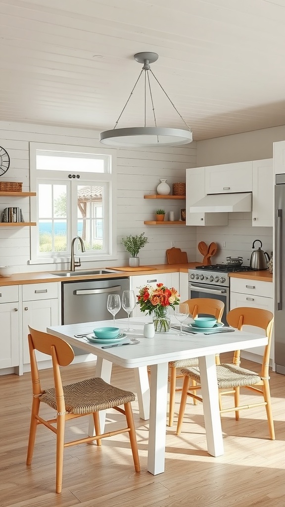 A bright coastal kitchen featuring a marble countertop, wooden accents, and a lightweight stool.