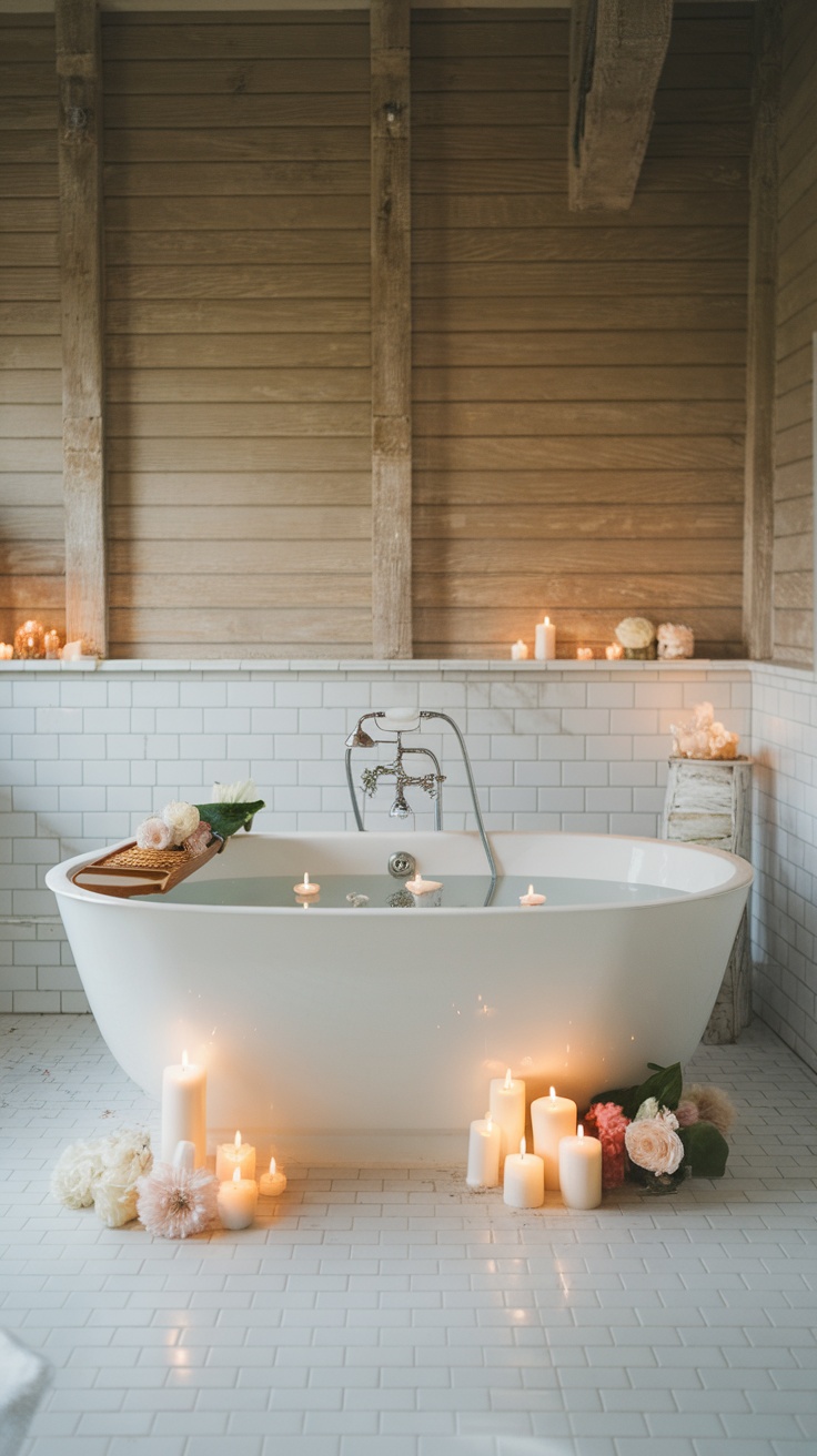 A stylish bathtub surrounded by candles and flowers in a cozy bathroom.