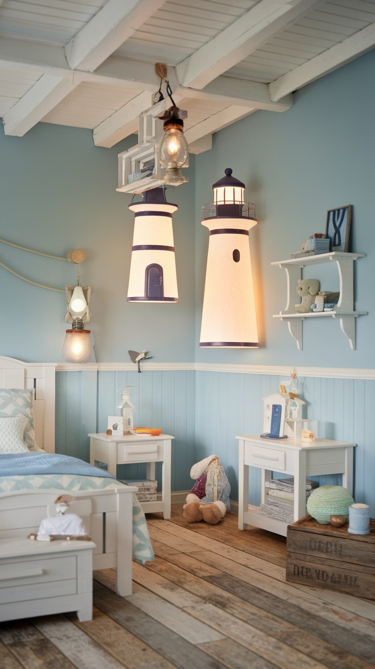 Coastal kids bedroom with maritime lighting fixtures including lighthouse lamps and a vintage lantern.