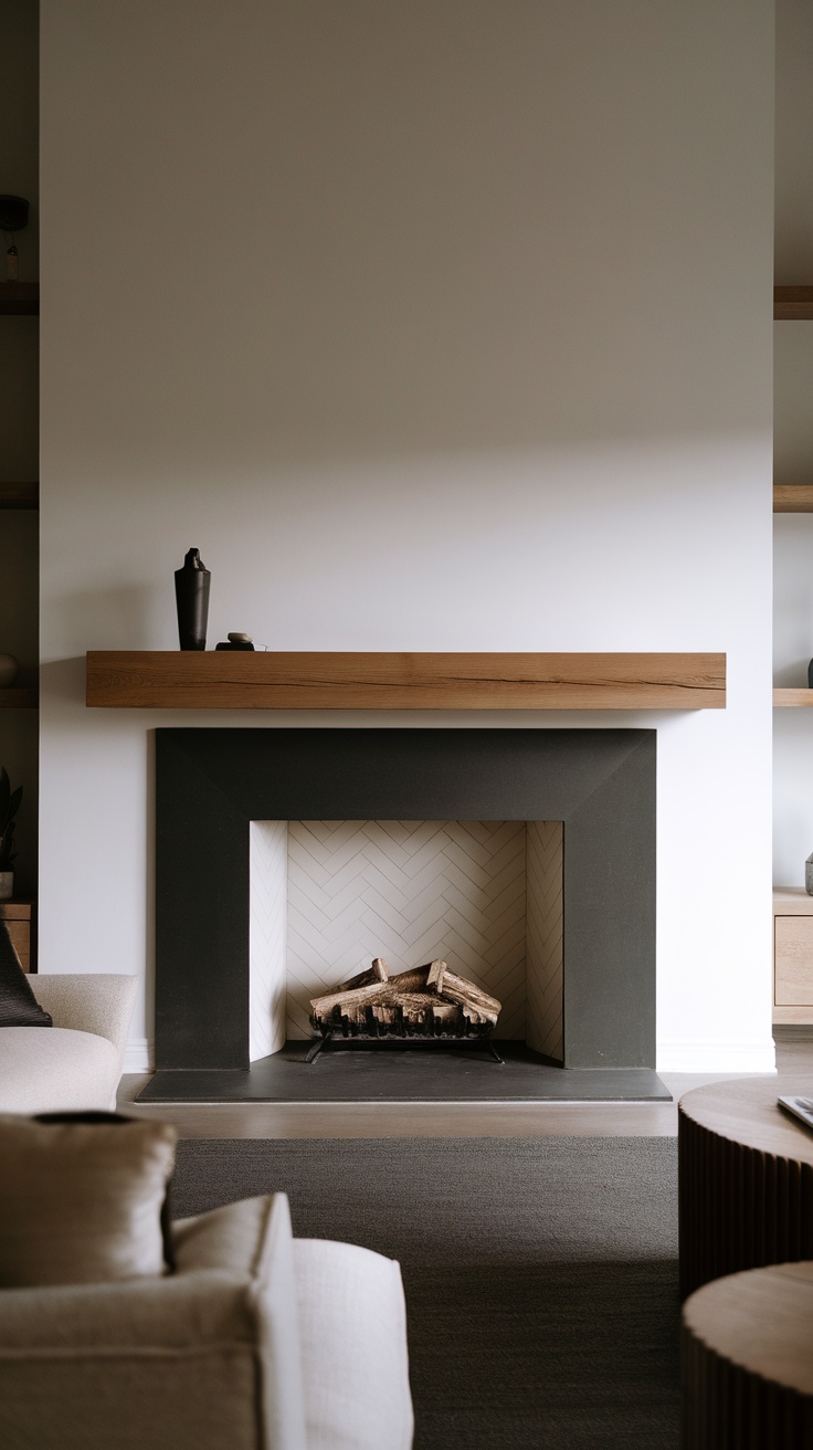 A modern minimalist fireplace with a dark surround and wooden mantel, featuring neatly arranged logs.