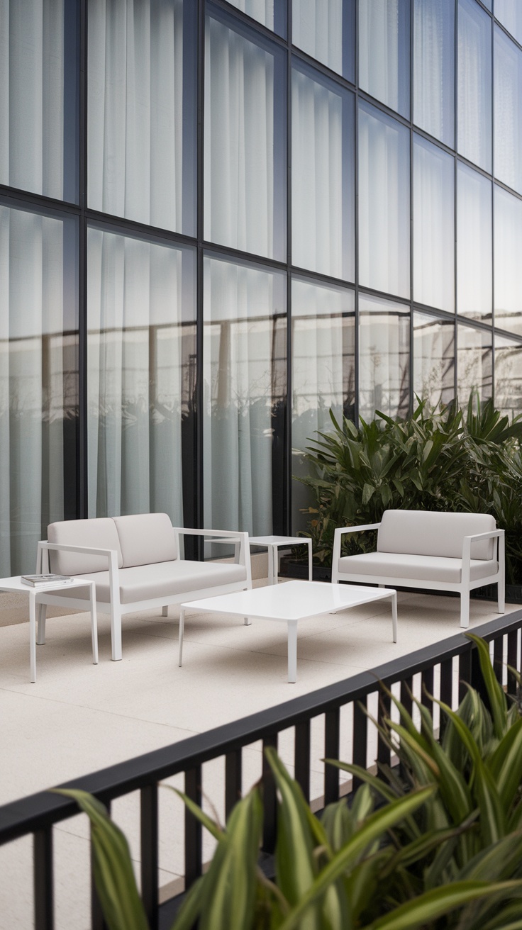 Modern minimalistic patio furniture with white frames and soft cushions