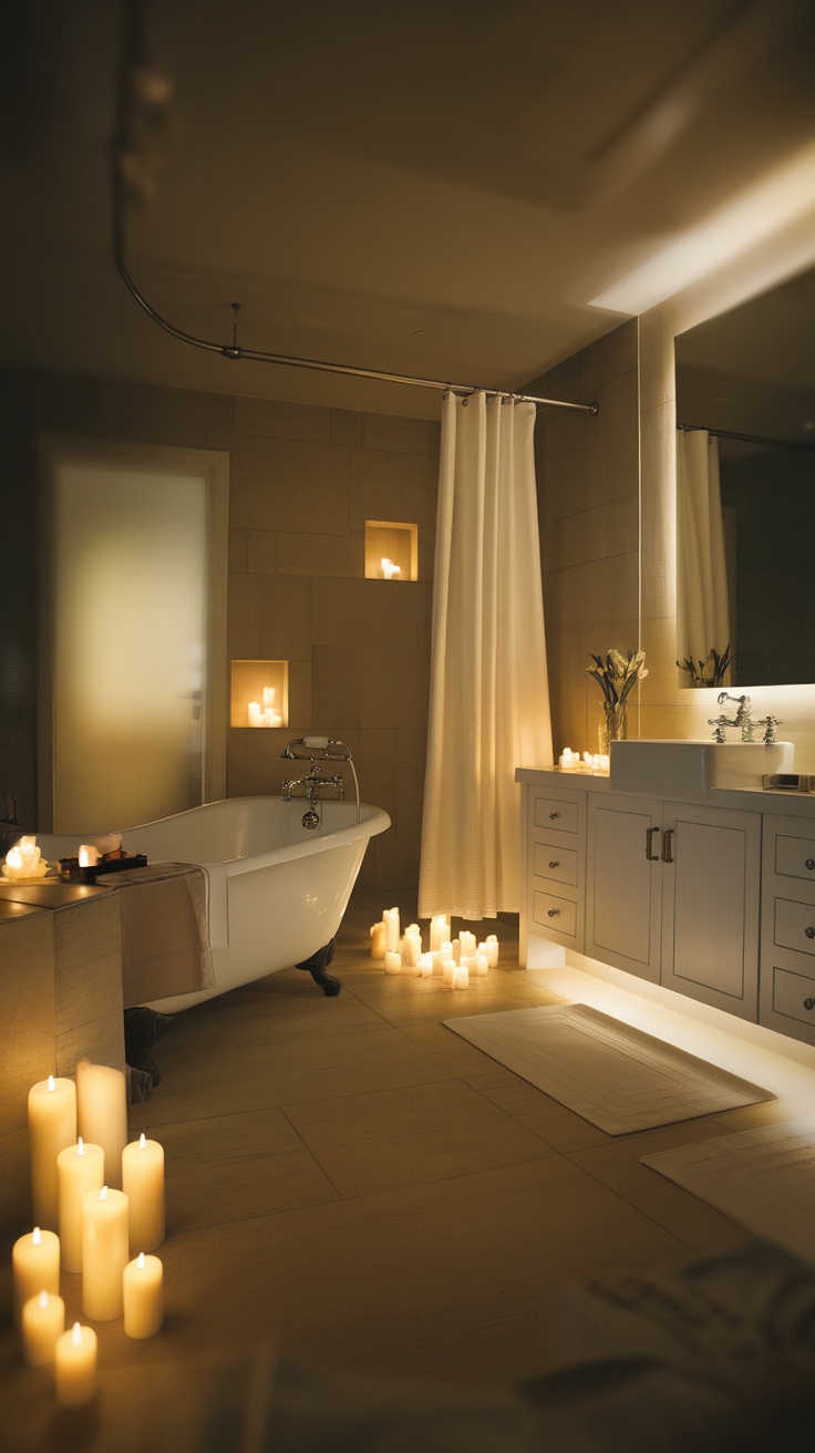 A beautifully lit spa bathroom with candles creating a warm and relaxing atmosphere.