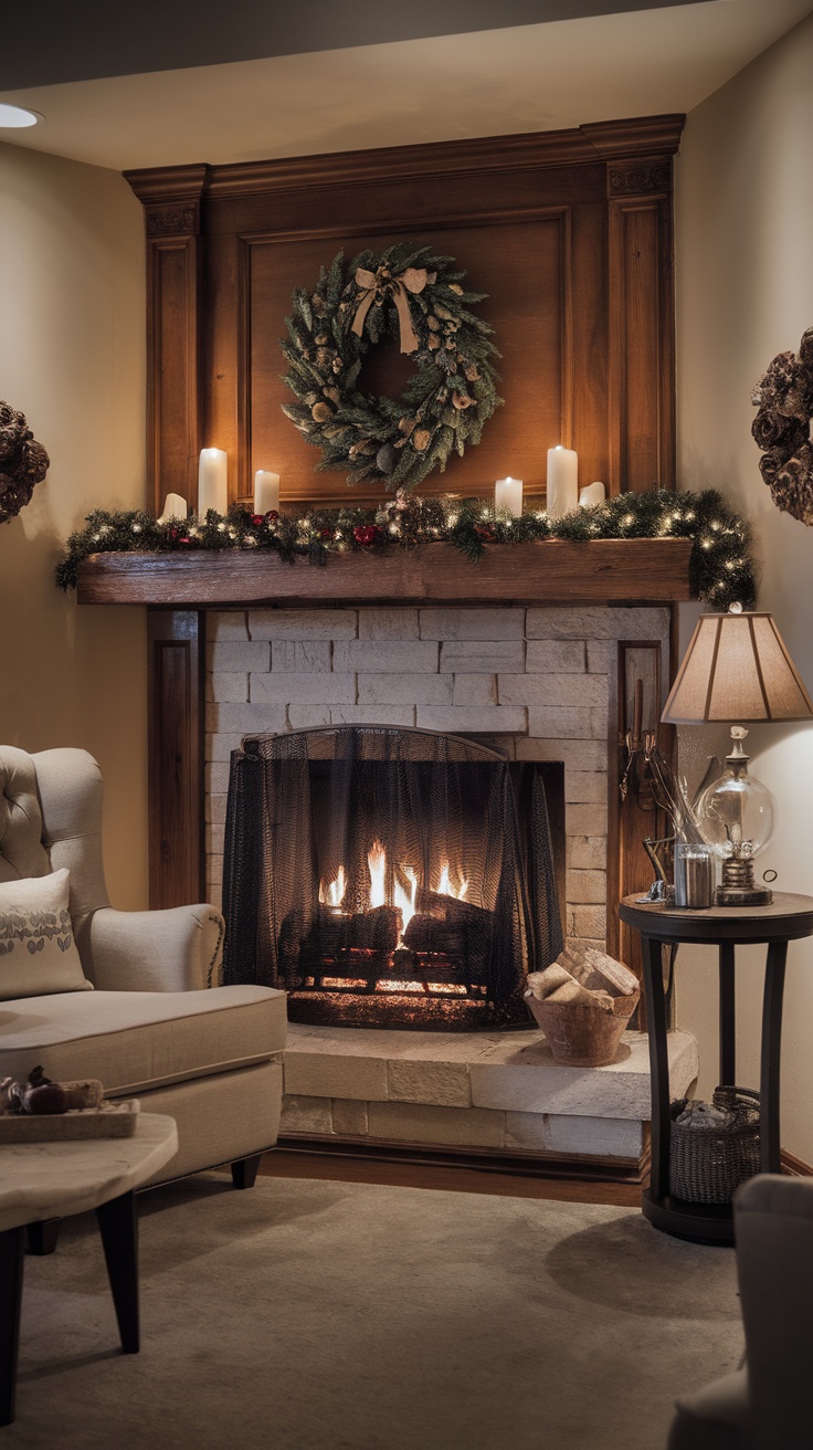 Cozy fireplace with candles, a festive wreath, and soft lighting creating a warm atmosphere.