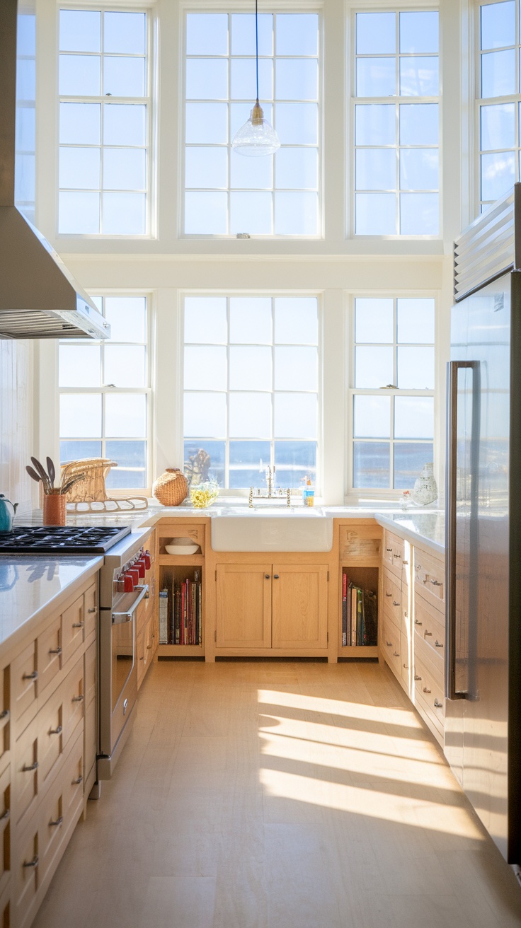 A bright coastal cottage kitchen with large windows overlooking the ocean.