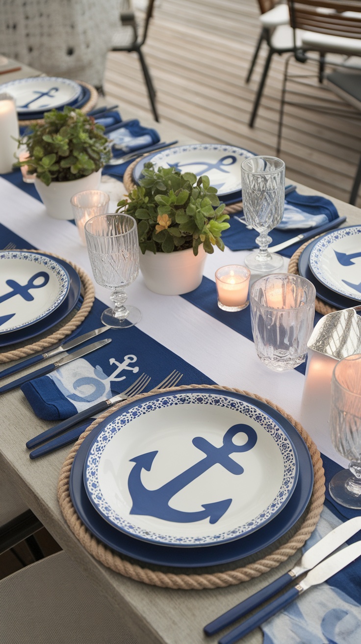 Nautical themed table setting with anchor plates, rope chargers, and potted plants