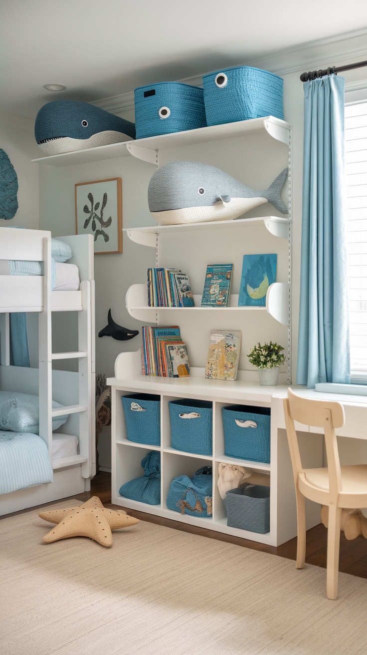 Coastal kids bedroom with whale-shaped storage baskets and organized shelving.