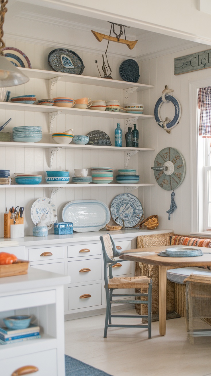 A coastal cottage kitchen with open shelving displaying colorful dishware and decorative items.