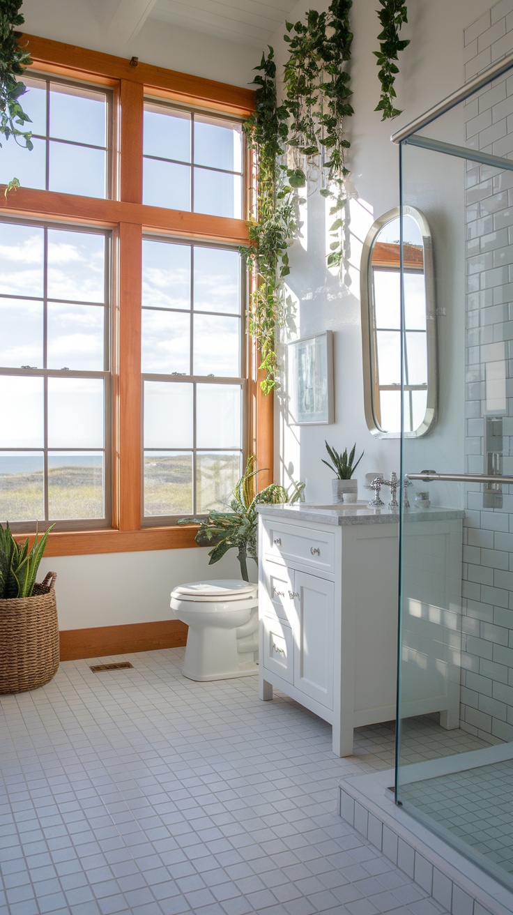 Bright coastal bathroom with large windows and plants.