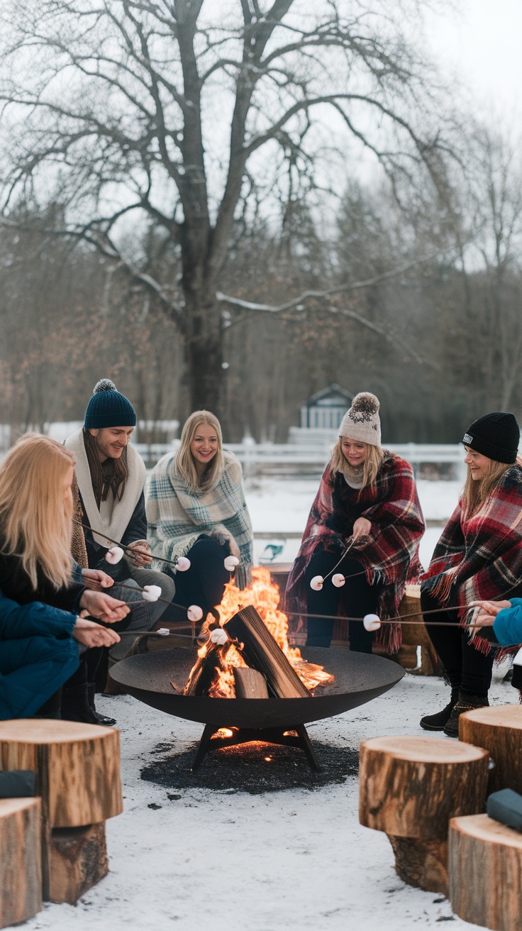 Friends gathered around a fire pit, roasting marshmallows and enjoying a winter evening.