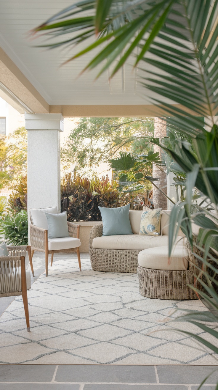 Cozy outdoor seating area with beach style furniture and a patterned rug surrounded by greenery.