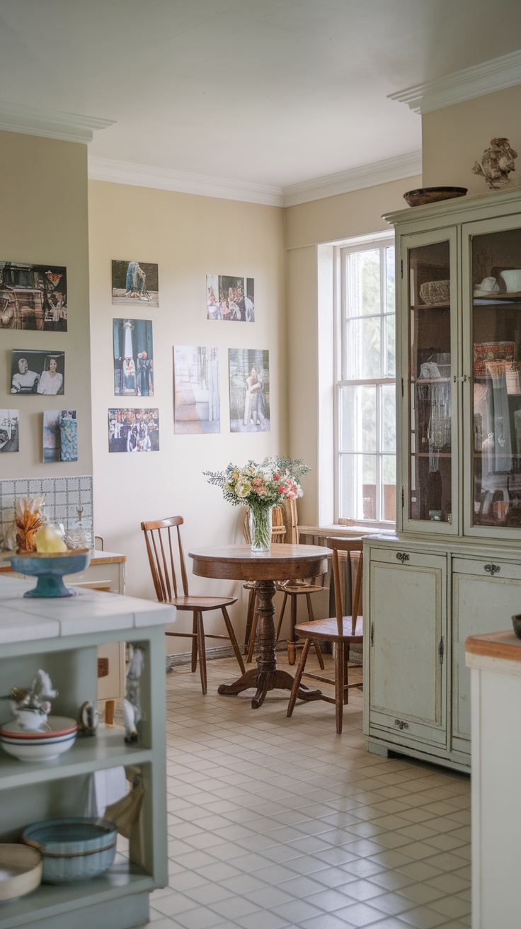 A cozy coastal cottage kitchen with vintage decor and family photographs.