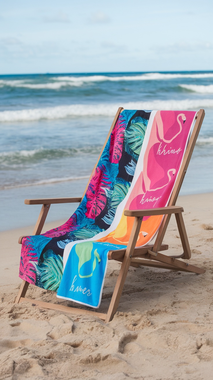 A collection of colorful personalized beach towels displayed on a deck chair by the beach.