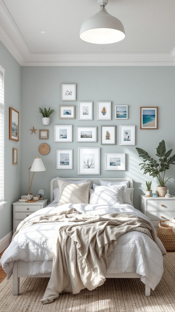 A beautifully decorated coastal bedroom with a light color scheme and personalized decor.