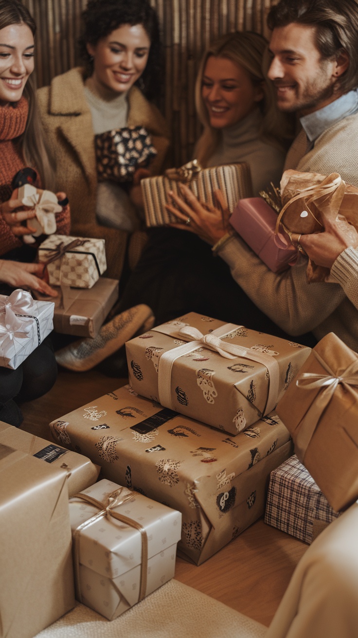 Group of friends exchanging gifts at a cozy winter party, surrounded by beautifully wrapped presents.