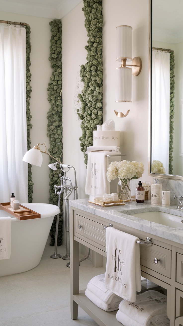 A serene, spa-like bathroom featuring a freestanding tub, elegant decor, and soft lighting.