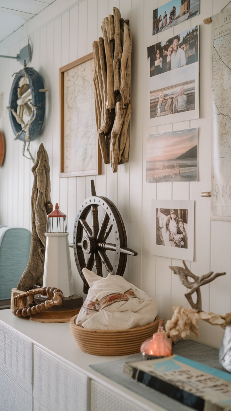 Coastal interior design elements including driftwood, photographs, and nautical decor.