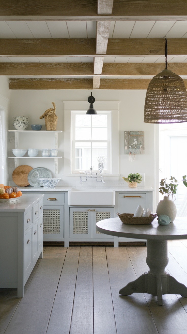 A rustic farmhouse kitchen with wooden beams, light cabinetry, and natural decor elements.