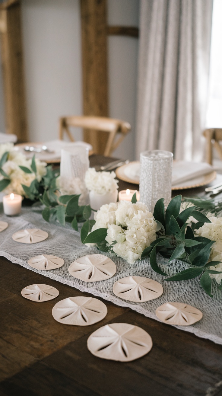 A beautifully decorated table featuring sand dollar accents, white flowers, and soft candlelight.