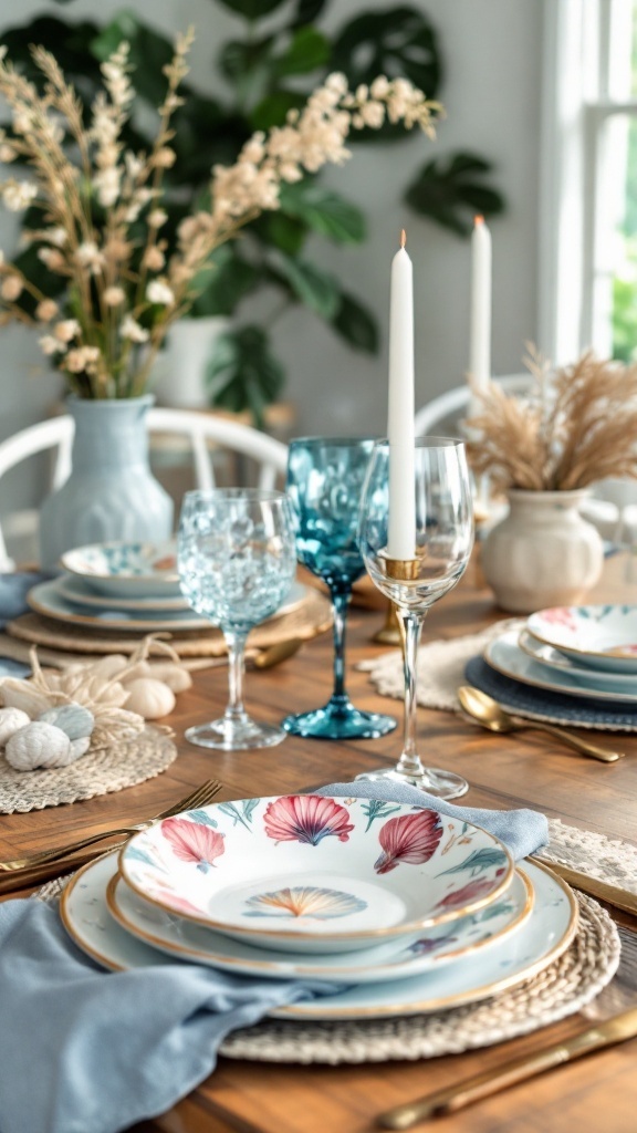 A beautifully set coastal cottage dining table featuring seashell-inspired tableware, with plates, glasses, and a loaf of bread, all set against a stunning ocean backdrop.