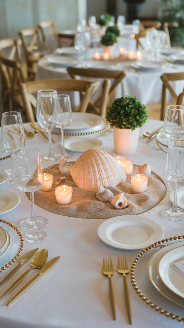 Seashell centerpiece at a bridal shower table with candles and elegant tableware