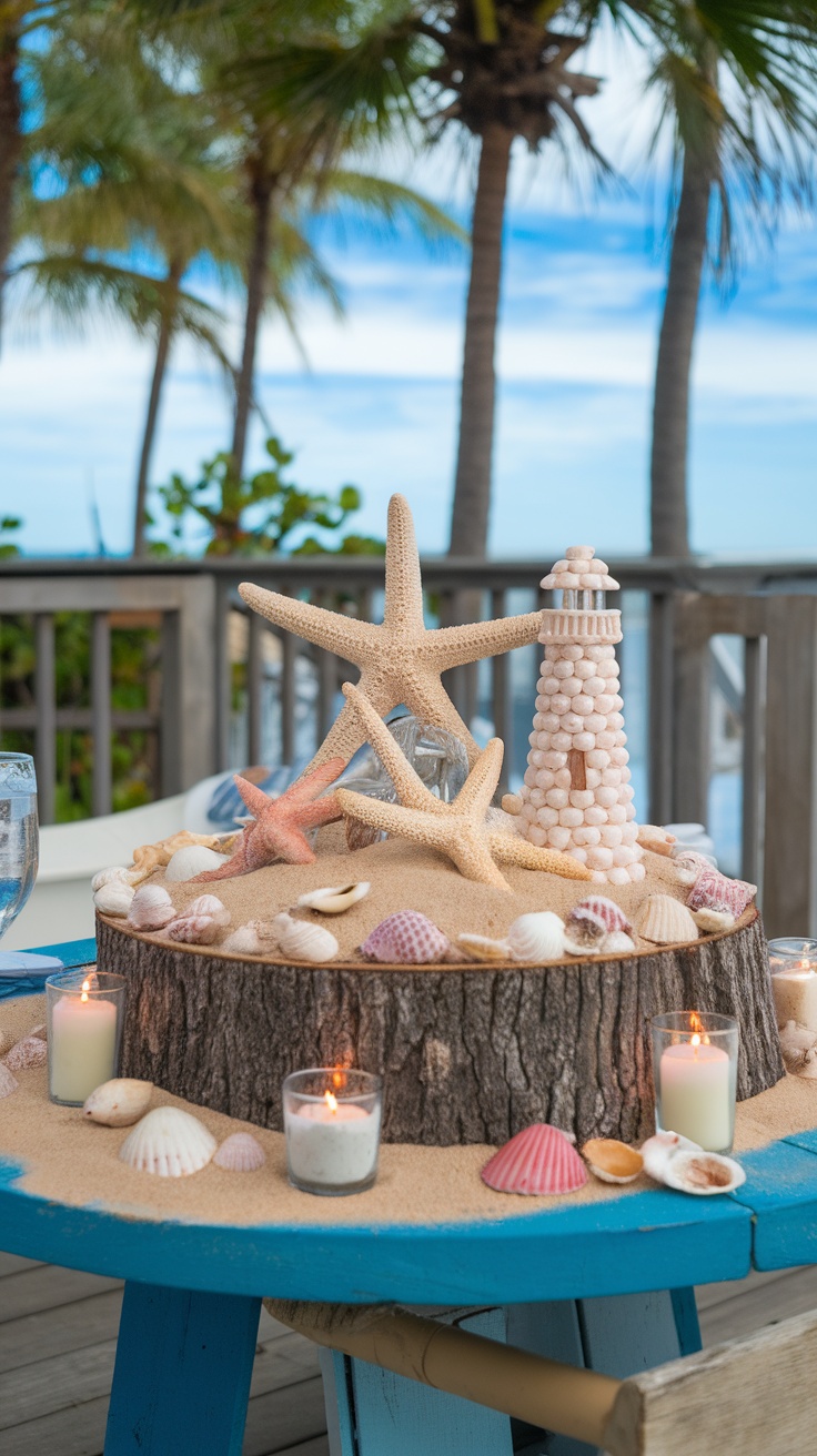 A beach themed table centerpiece featuring starfish, seashells, and candles on a wooden base.