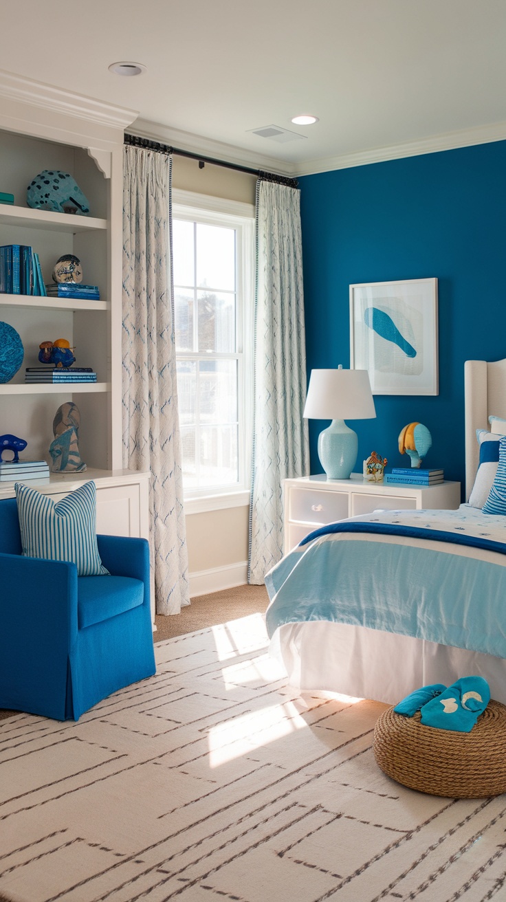 A coastal-themed kids bedroom featuring a blue wall, light blue bedding, and beach-inspired decor.