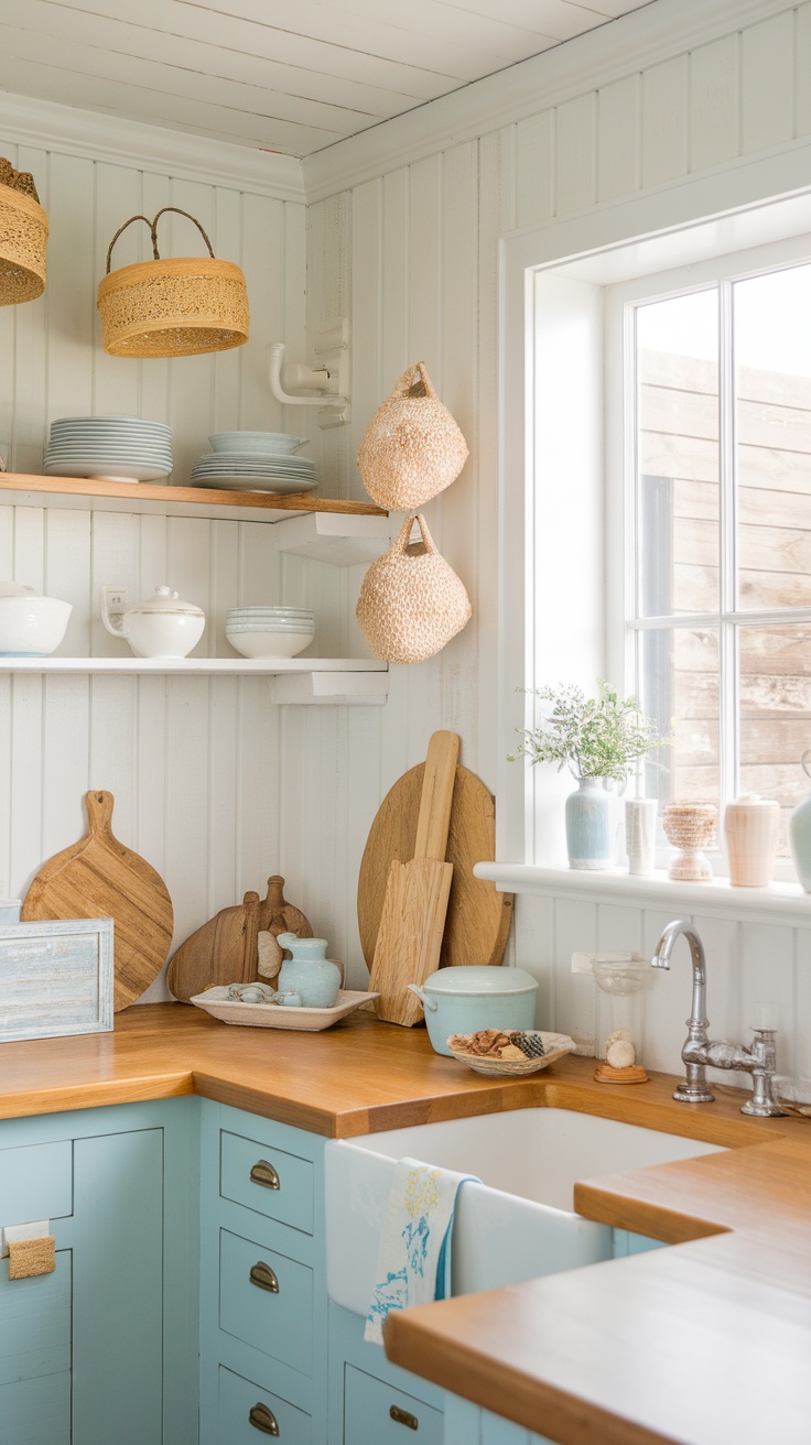 A bright coastal cottage kitchen featuring light blue cabinets, wooden countertops, and various decorative items.