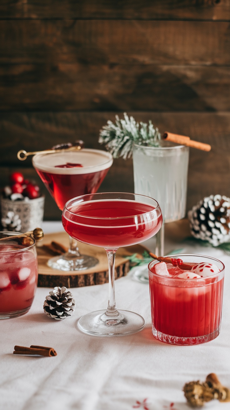 A variety of colorful winter cocktails arranged on a table decorated with pine cones and cinnamon sticks.