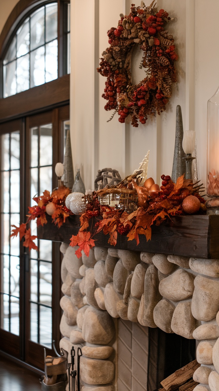 A cozy fireplace mantel decorated for autumn with leaves, ornaments, and a wreath.