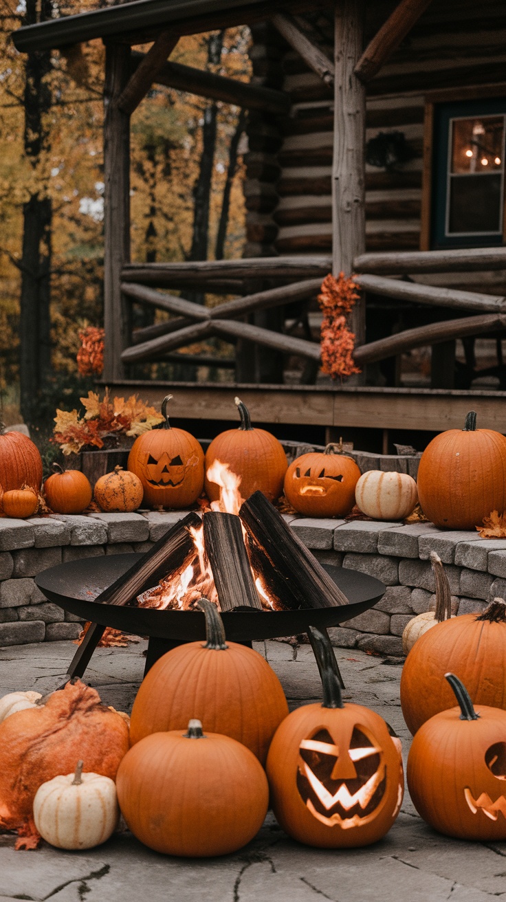 A cozy fire pit area decorated with carved pumpkins and autumn leaves.