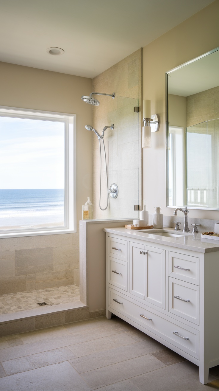 Modern coastal bathroom with white cabinetry and a view of the ocean.