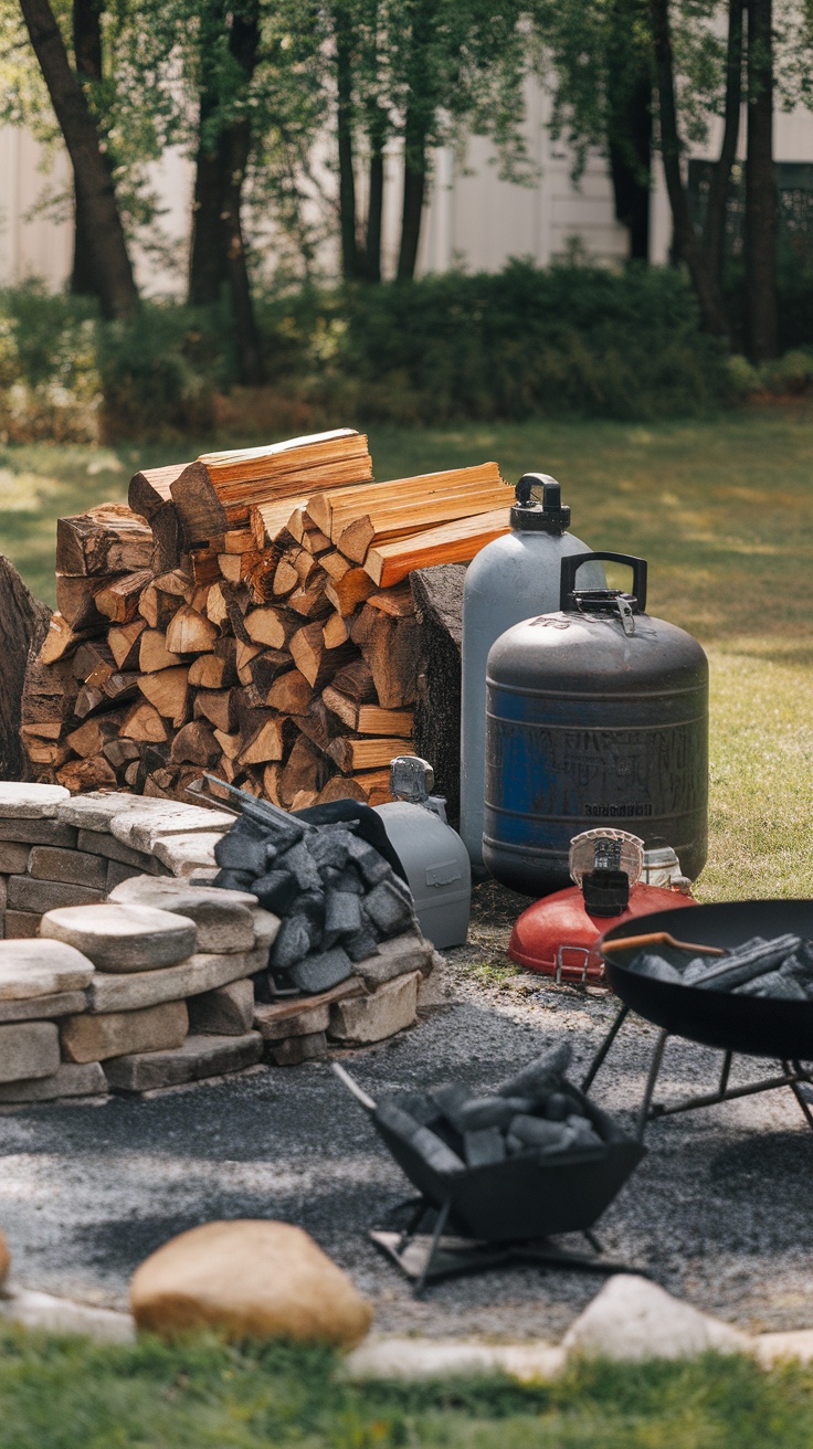 An outdoor fire pit setup showcasing wood logs, propane tanks, and charcoal for fuel options.