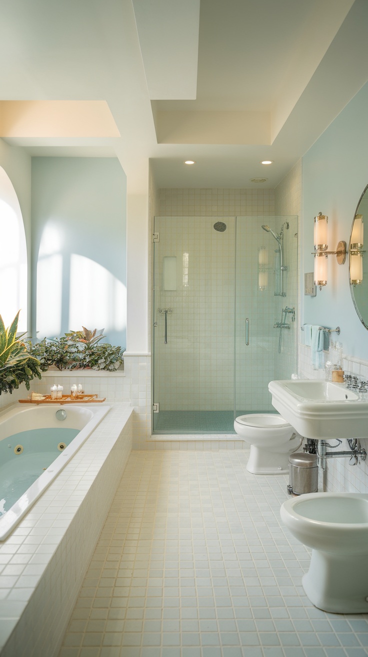 A serene bathroom featuring light blue walls, a soaking tub, and natural greenery.