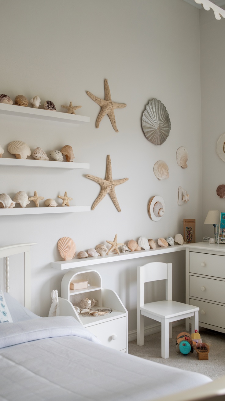 A coastal kids bedroom featuring shelves and decorations made of shells and starfish.