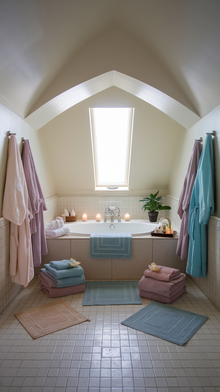 A spa-like bathroom featuring soft textiles including towels, rugs, and bathrobes in soothing pastel colors.