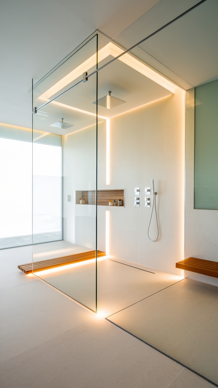 A modern shower with glass doors, rain showerheads, and warm lighting.