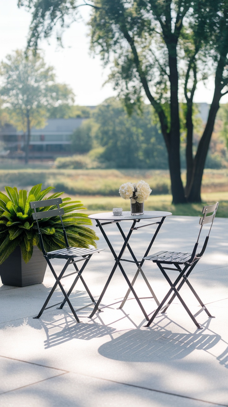 Small patio table and chairs set with a plant, perfect for space-saving solutions.