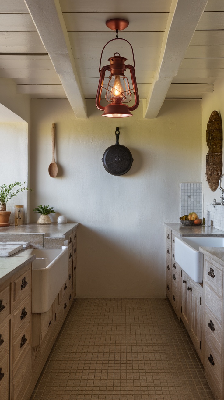 Coastal cottage kitchen featuring a vintage lantern as a statement lighting fixture.