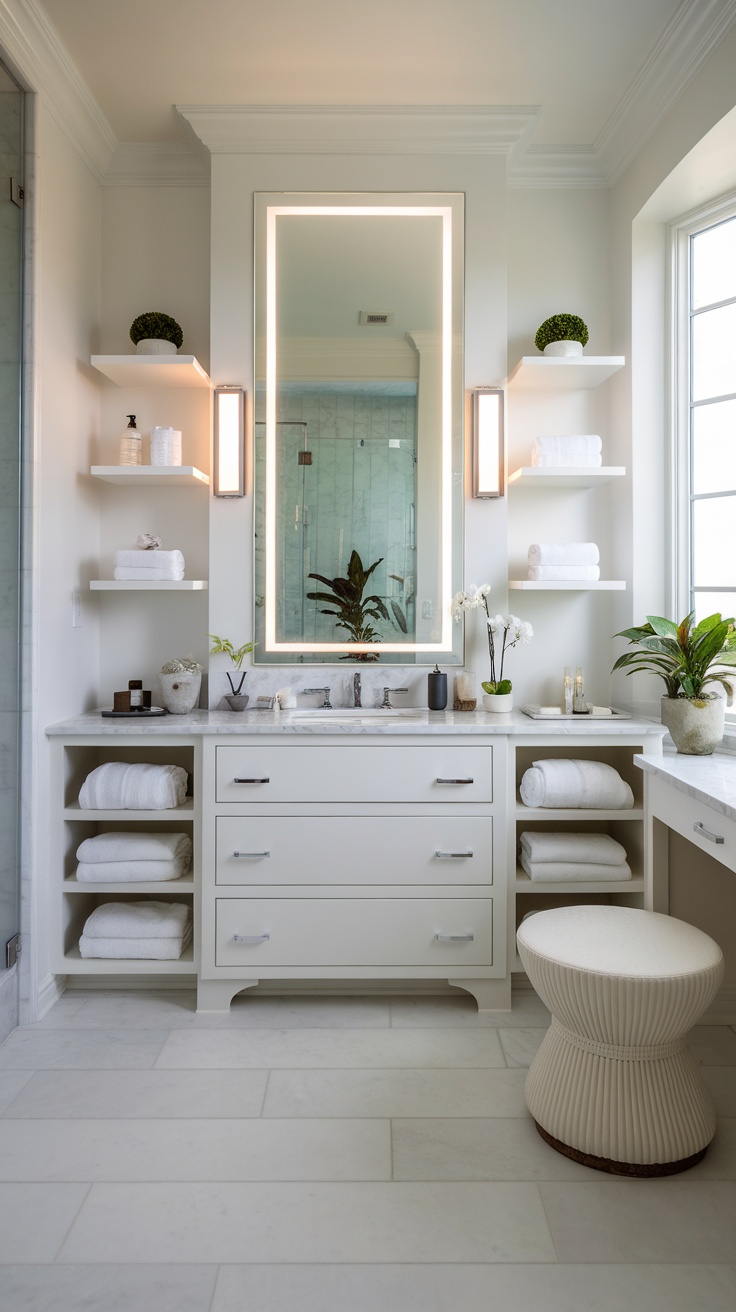 A modern spa bathroom with stylish storage solutions including floating shelves and a sleek vanity.