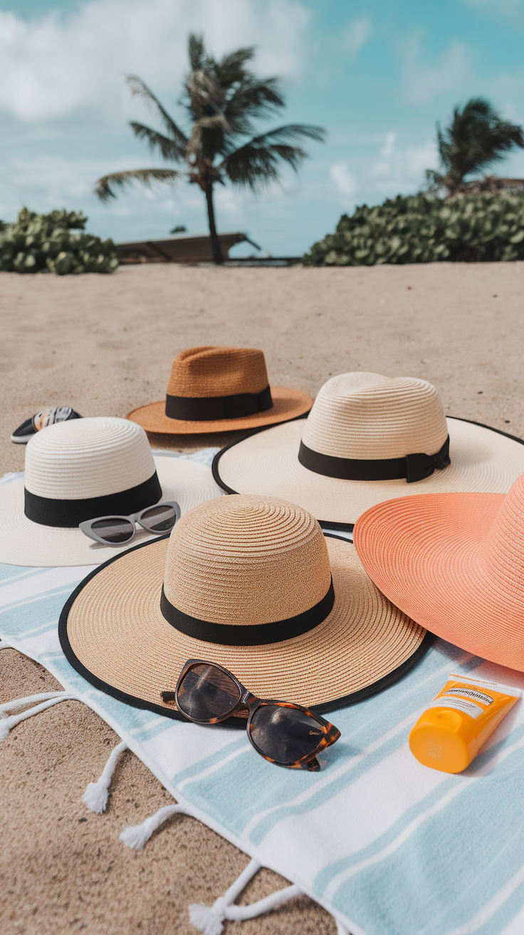 A variety of stylish sun hats arranged on the sand with sunglasses and sunscreen