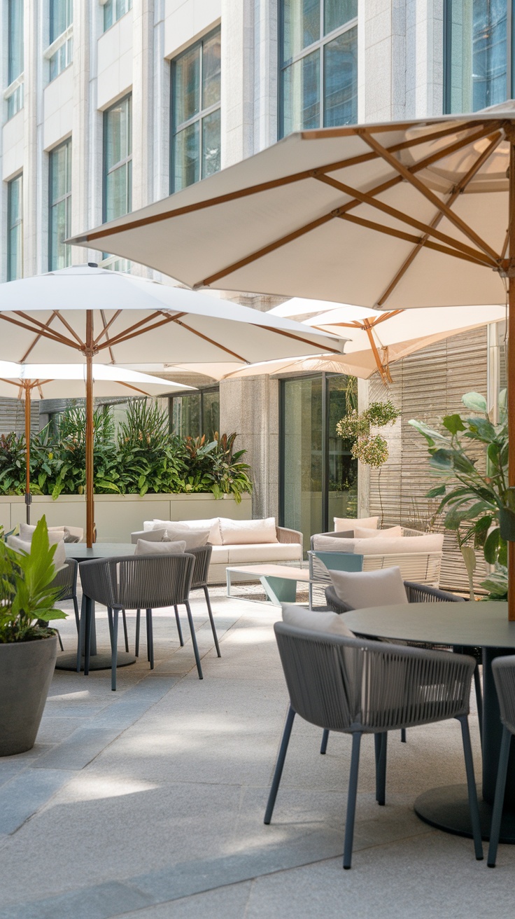 A patio featuring stylish umbrellas, modern furniture, and lush greenery.