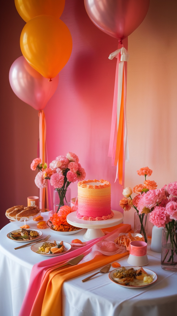 A beautifully decorated table for a bridal shower featuring a pink and orange sunset color palette with a cake, flowers, and festive decor.