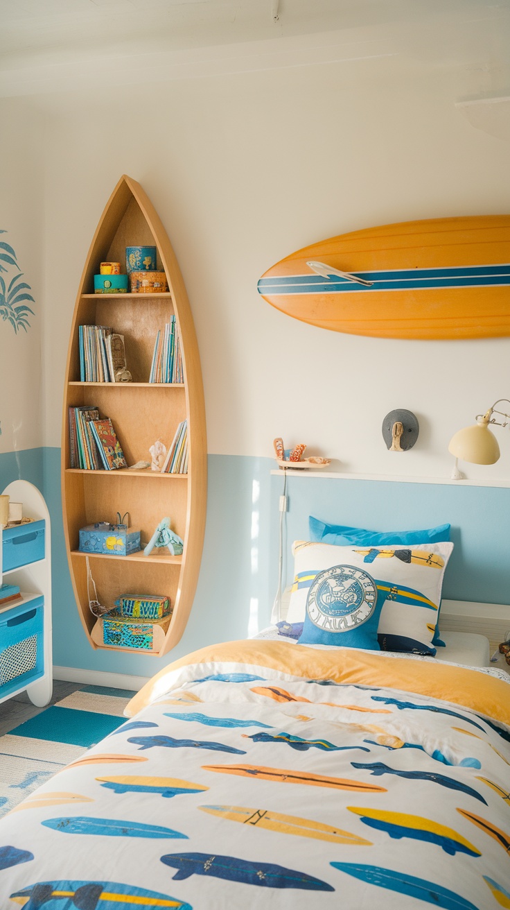 A cozy kids' bedroom with surfboard decor, including a surfboard bookshelf and bedding featuring colorful surfboards.