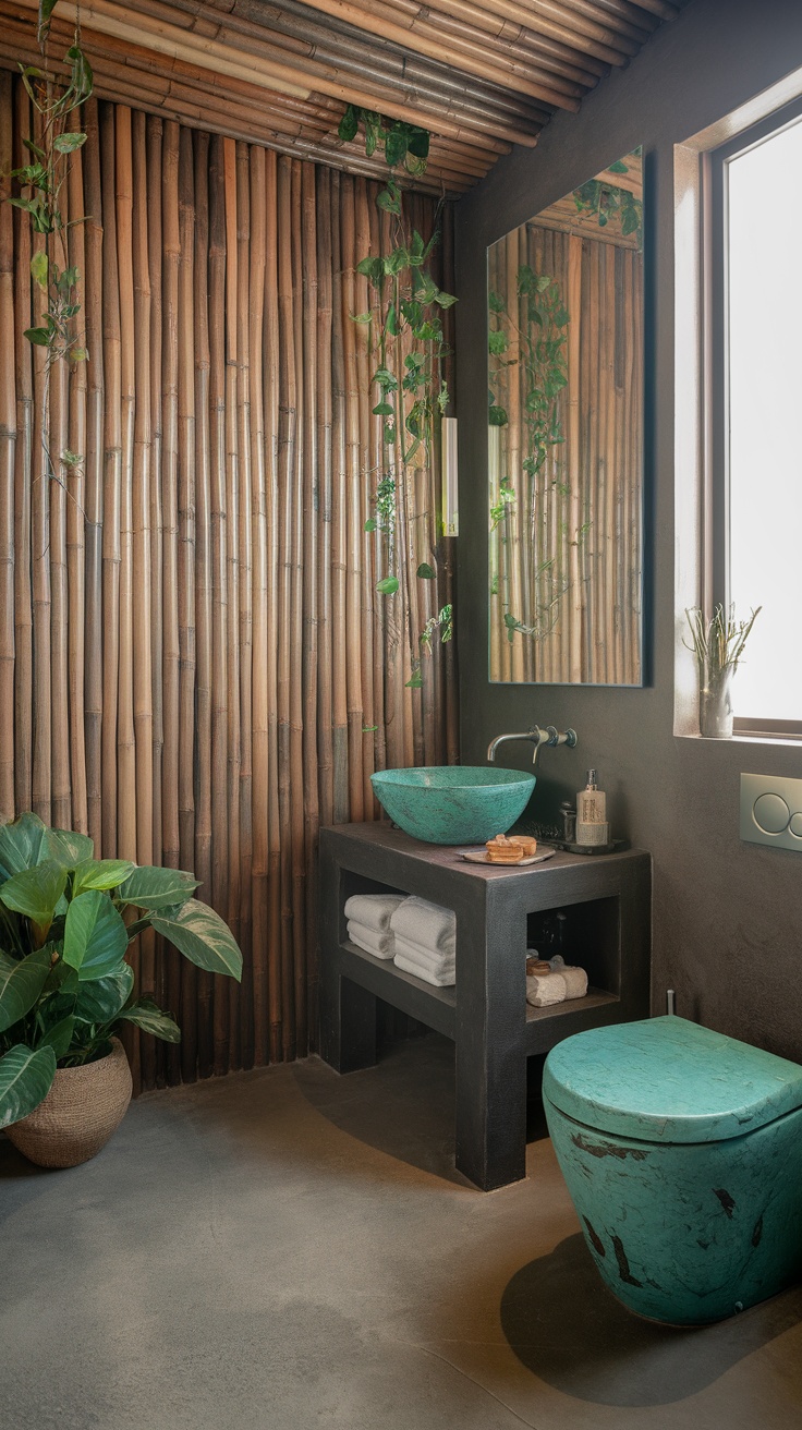 A sustainable spa bathroom featuring bamboo walls, green plants, and a natural stone sink.