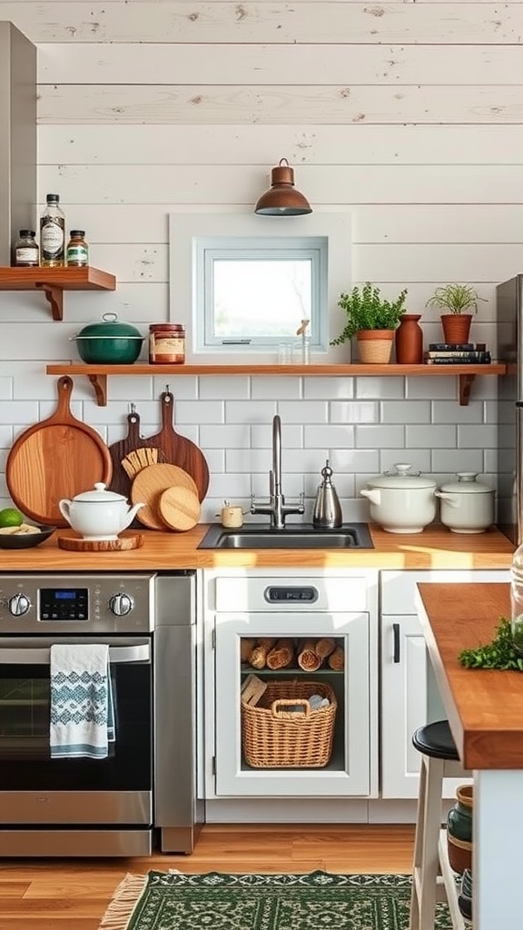 Bright coastal cottage kitchen with recycling and compost bins