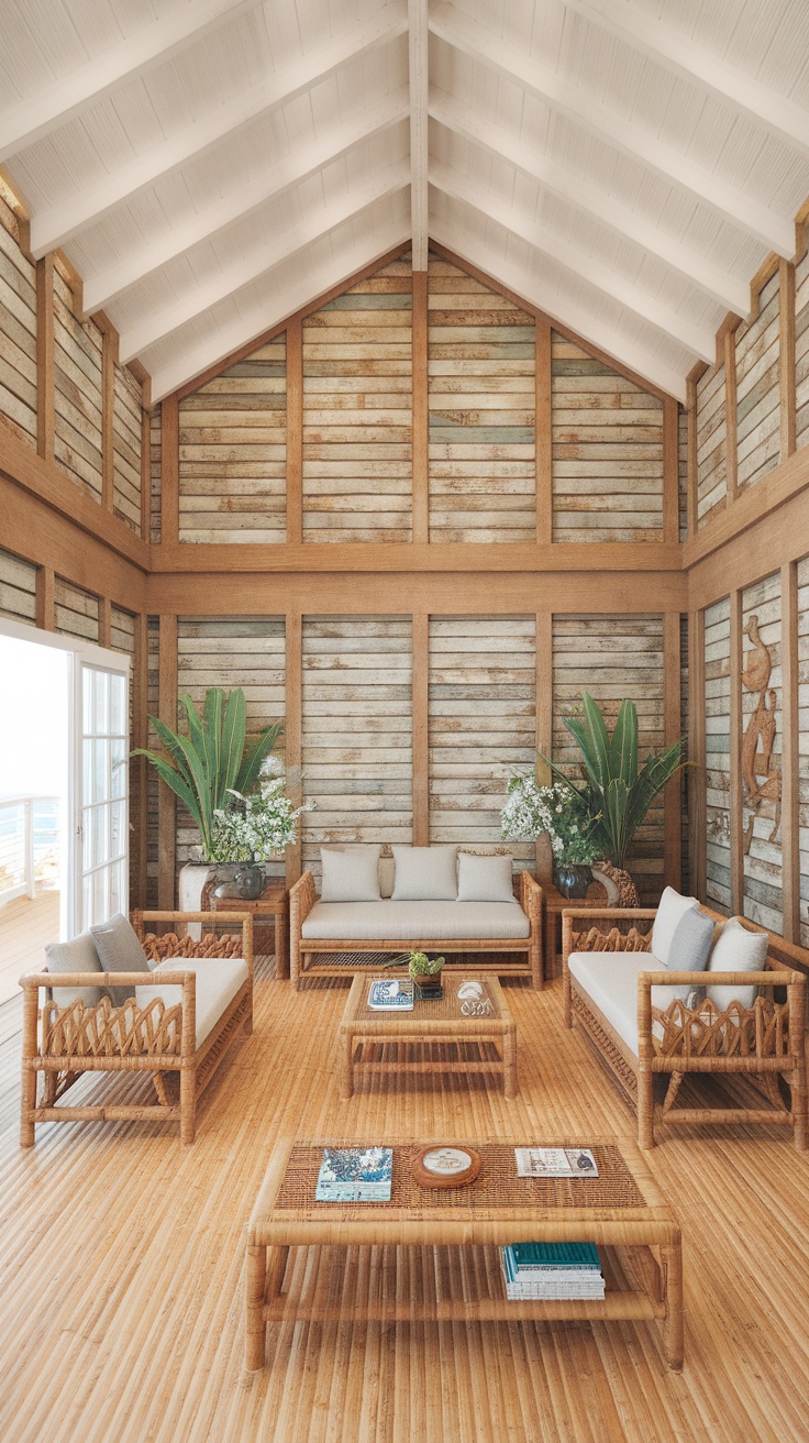 A coastal interior featuring sustainable design elements like bamboo furniture and reclaimed wood walls.