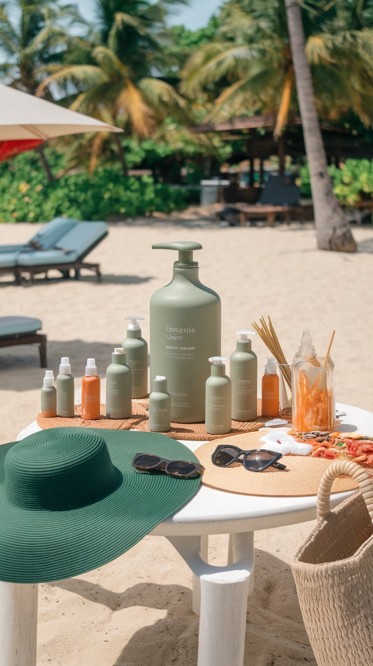 A variety of sustainable sunscreens on a table at the beach, surrounded by sunglasses and a sun hat.