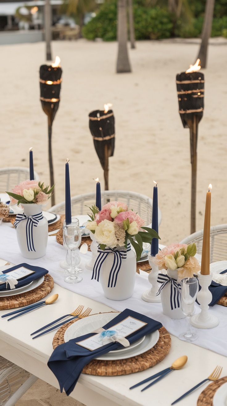 Tiki torch lighting at a beach-themed bridal shower table decorated with flowers and candles.